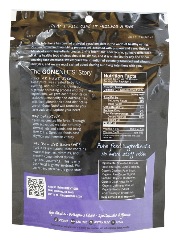 LIVING INTENTIONS: Gone Nuts! Raw & Sprouted Nut Blends Cacao Almonds Raisins Blueberries & Coconut, 3 oz