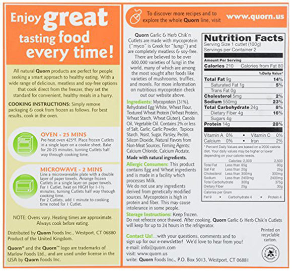 QUORN: Meatless and Soy-Free Garlic and Herb Chik'n Cutlets, 7 oz