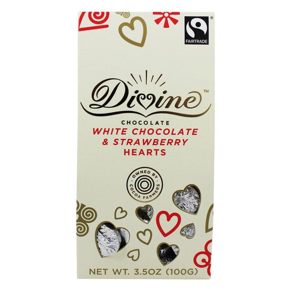 DIVINE CHOCOLATE: White Chocolate & Strawberry Hearts, 3.5 oz